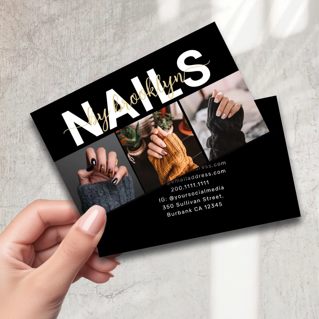 Black business card for nail technician with photo collage and gold script font