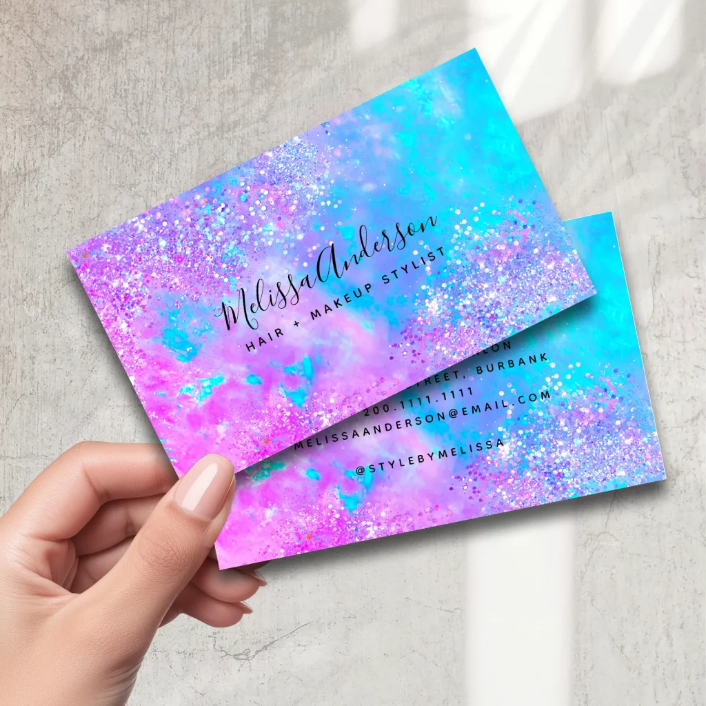 Pink and blue glitter effect hair and makeup stylist business card