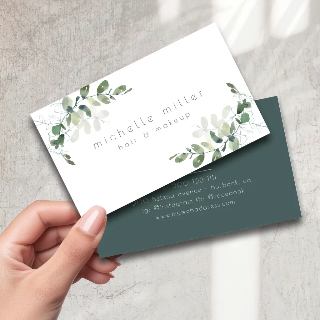 Elegant greenery business card for hair and makeup artist