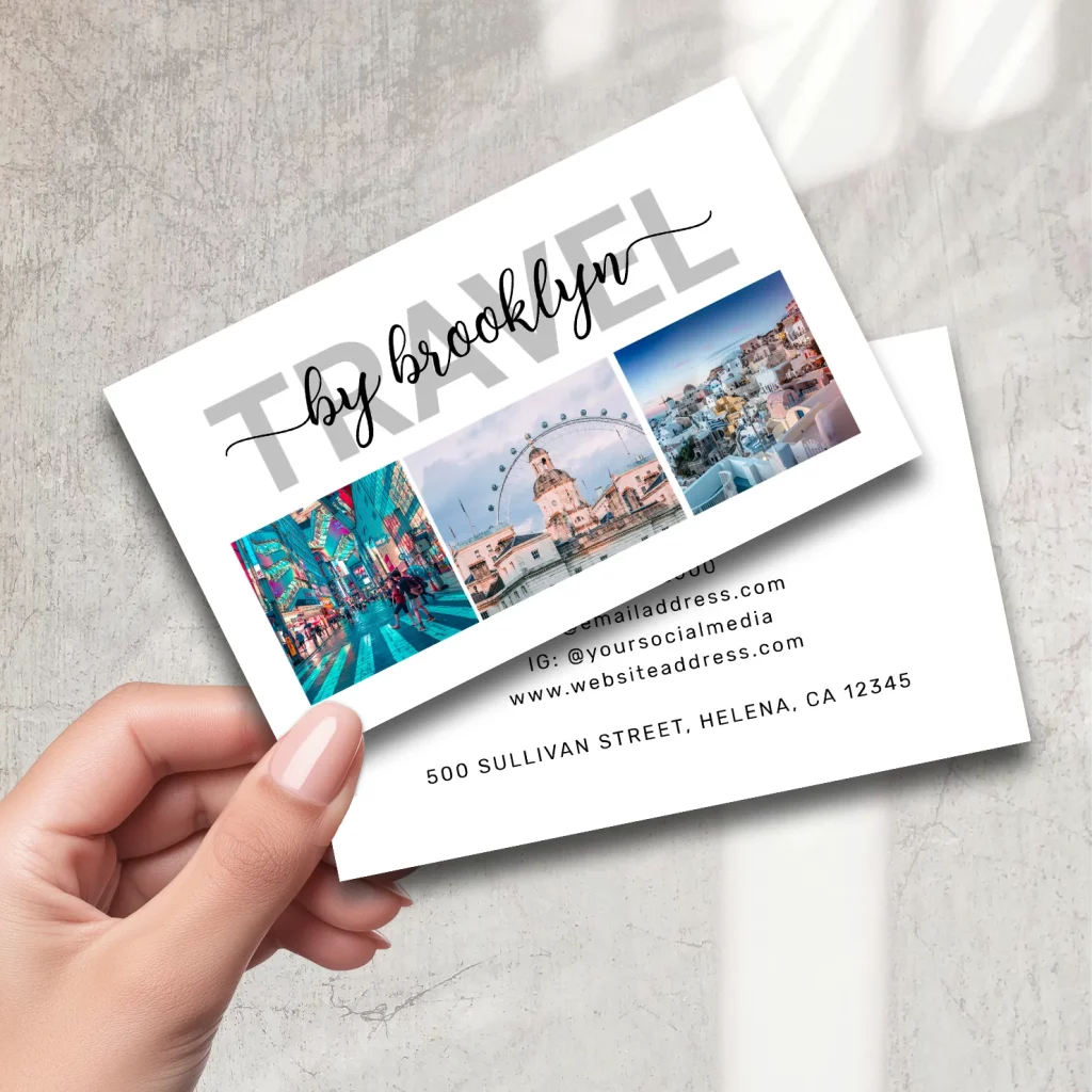 Travel-themed business card with photo collage and bold script font