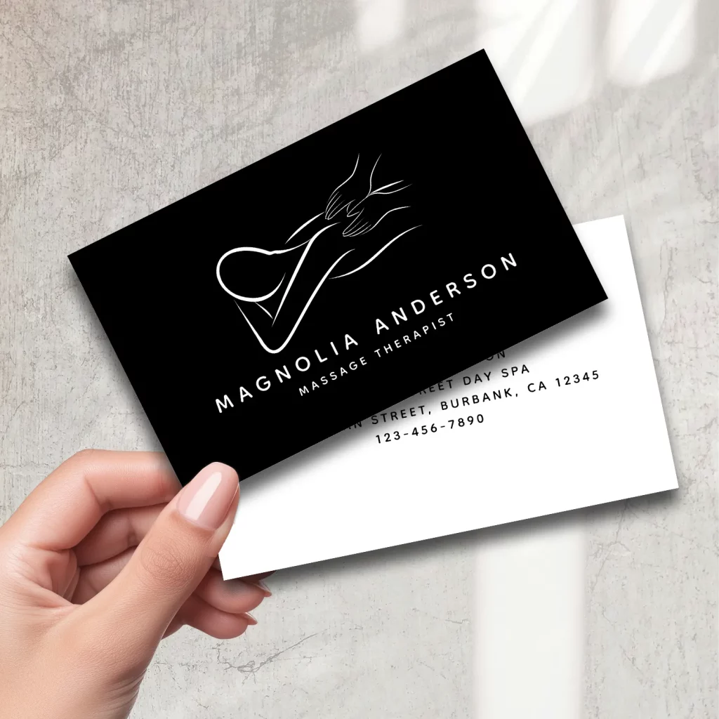 Black and white minimalist massage therapist business card with line art