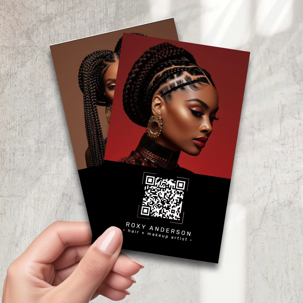 : Striking business card for hair and makeup artist with braided hairstyle and QR code