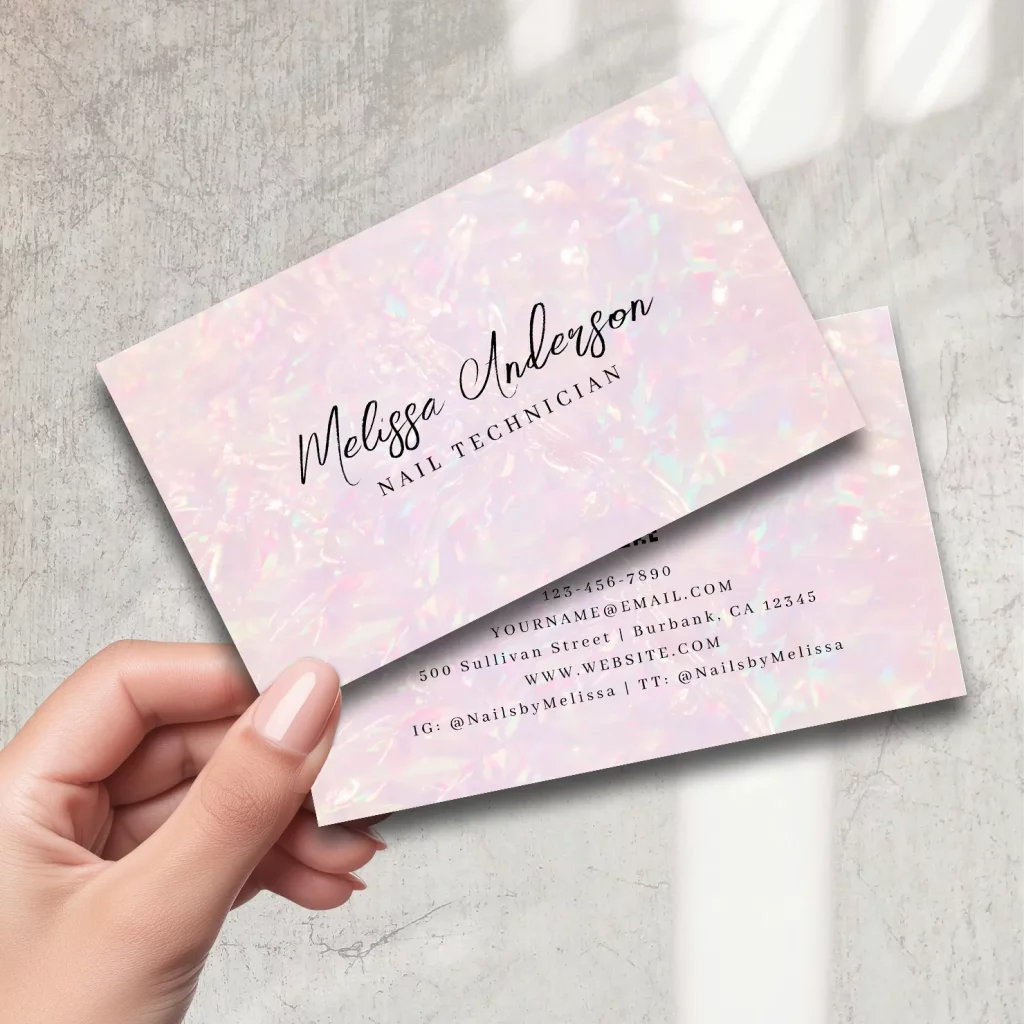 Shimmery pearl effect business card for nail technician
