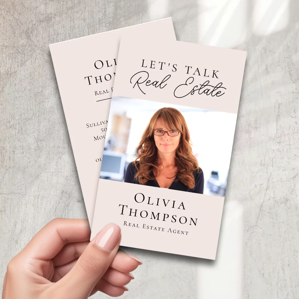 Blush pink real estate business card with photo and modern script