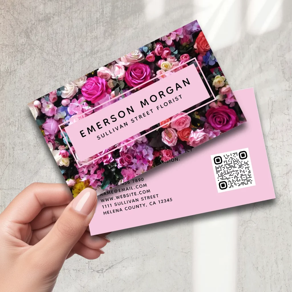 Pink floral business card for florist with bold blooms and QR code