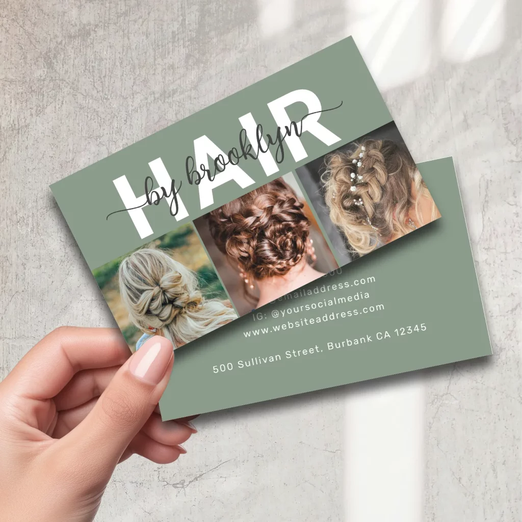 Soft sage green hair stylist business card with updo collage and script font
