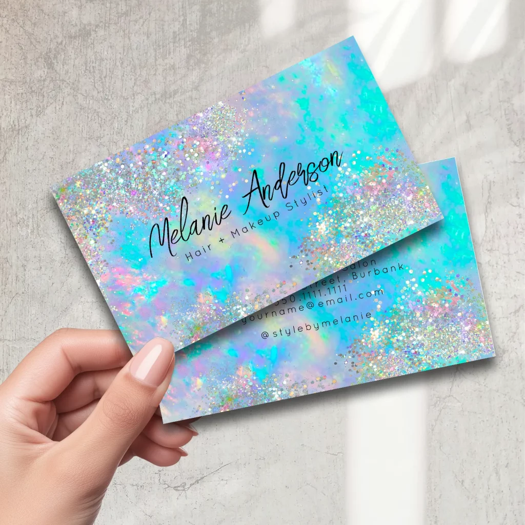 Aqua blue glittery business card for makeup stylist