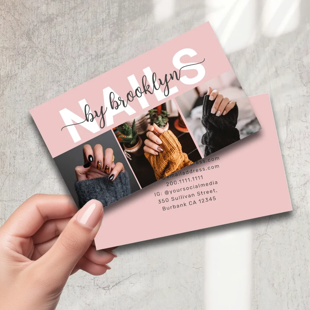 Pink nail tech business card with cozy nail art photo collage