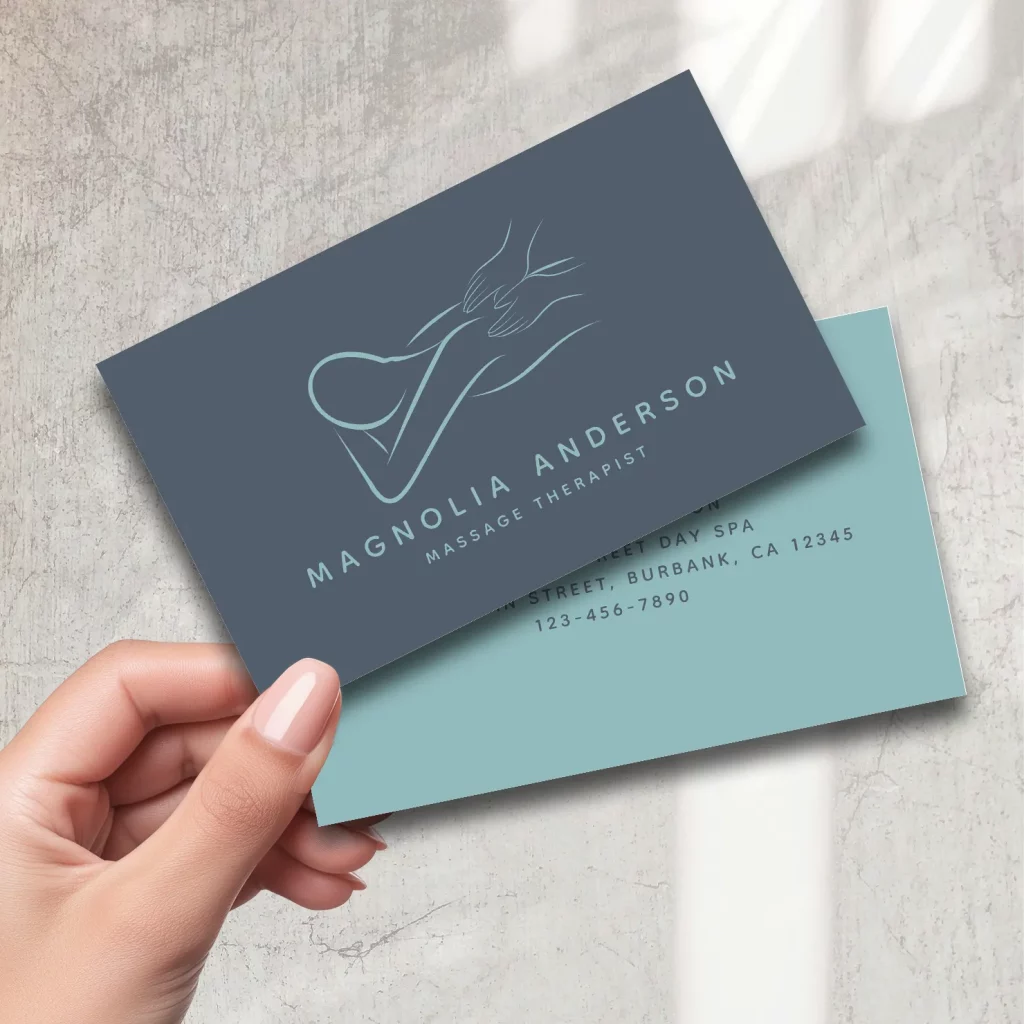 Minimalist massage therapy business card in muted blue and gray